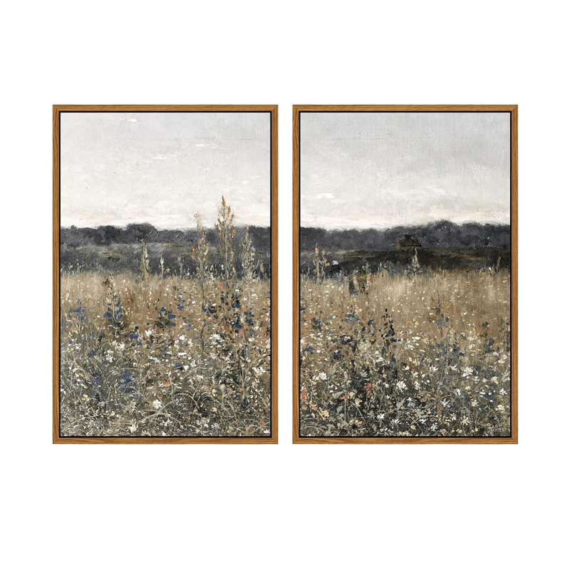 Rosalind Wheeler 2 Pcs Framed Wall Art Vintage Landscape Decor, Meadow